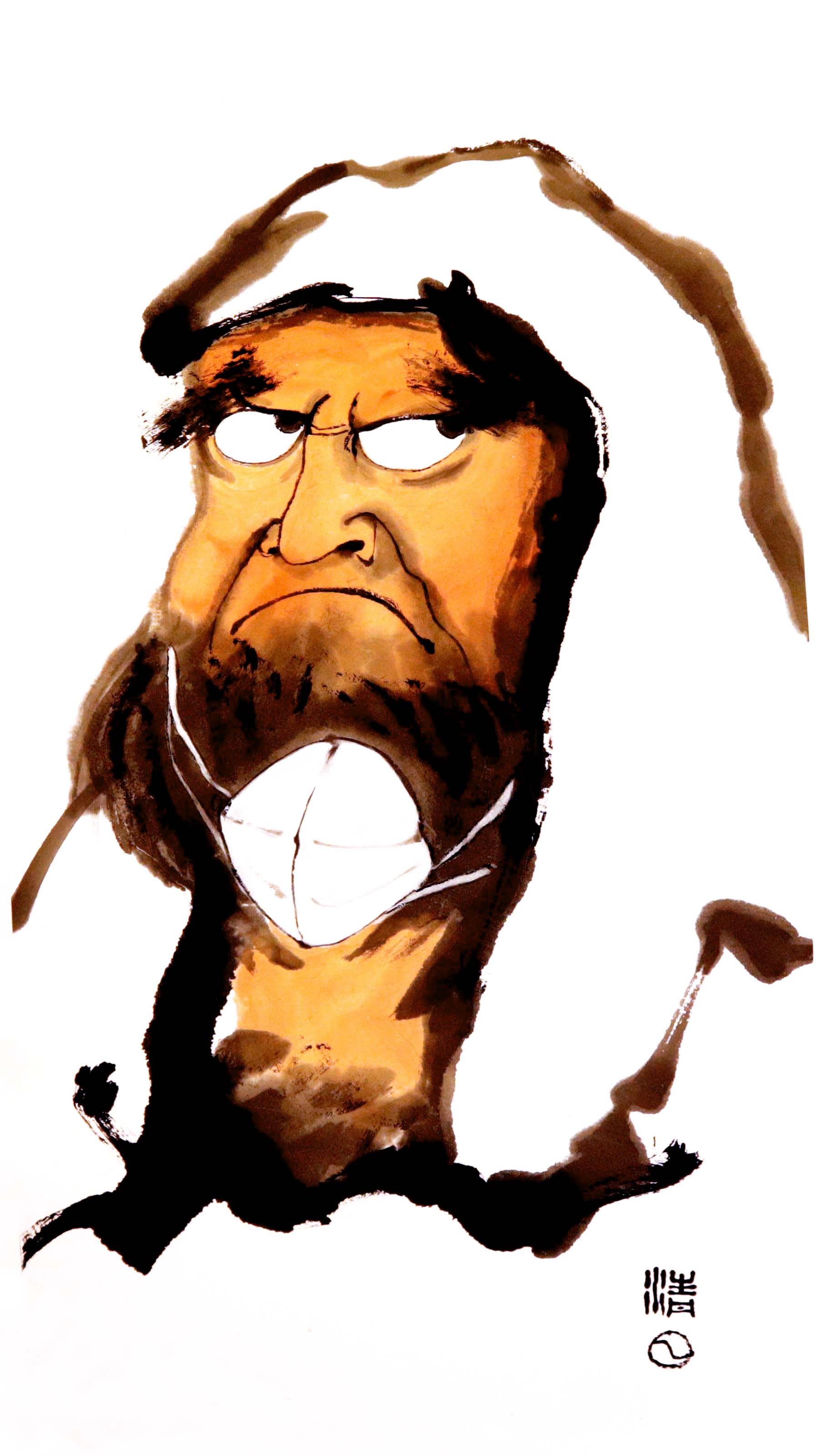 Bodhidharma with a medical Face mask an Ink Painting by Bob Schneider